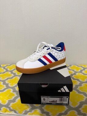 Kids White Sneakers with Red & Blue Stripes - Classic Court Style